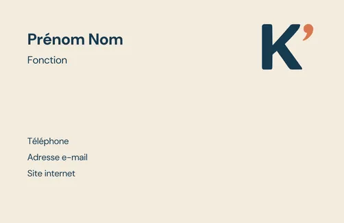 Verso de la carte de visite : nom, fonction et coordonnées, monogramme K’ en haut à droite